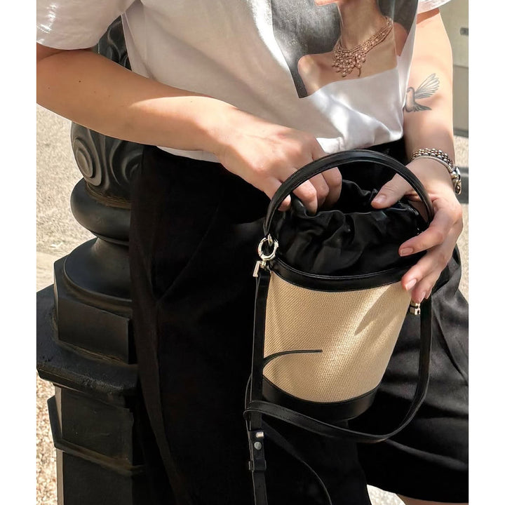 Canvas & Leather Bucket Handbag with Drawstring Closure