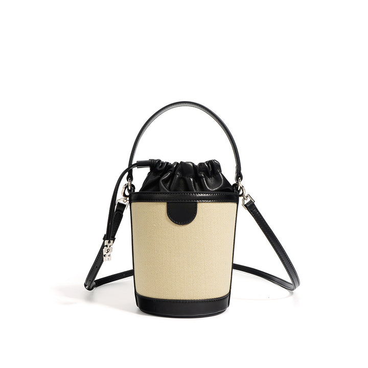 Sheep Leather Canvas Small Bucket Bag | Bucket Handbag with Crossbody Strap