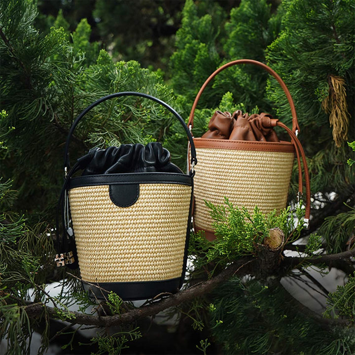 Straw & Genuine Leather Drawstring Handbag Bucket Bag | Affordable Leather Bags