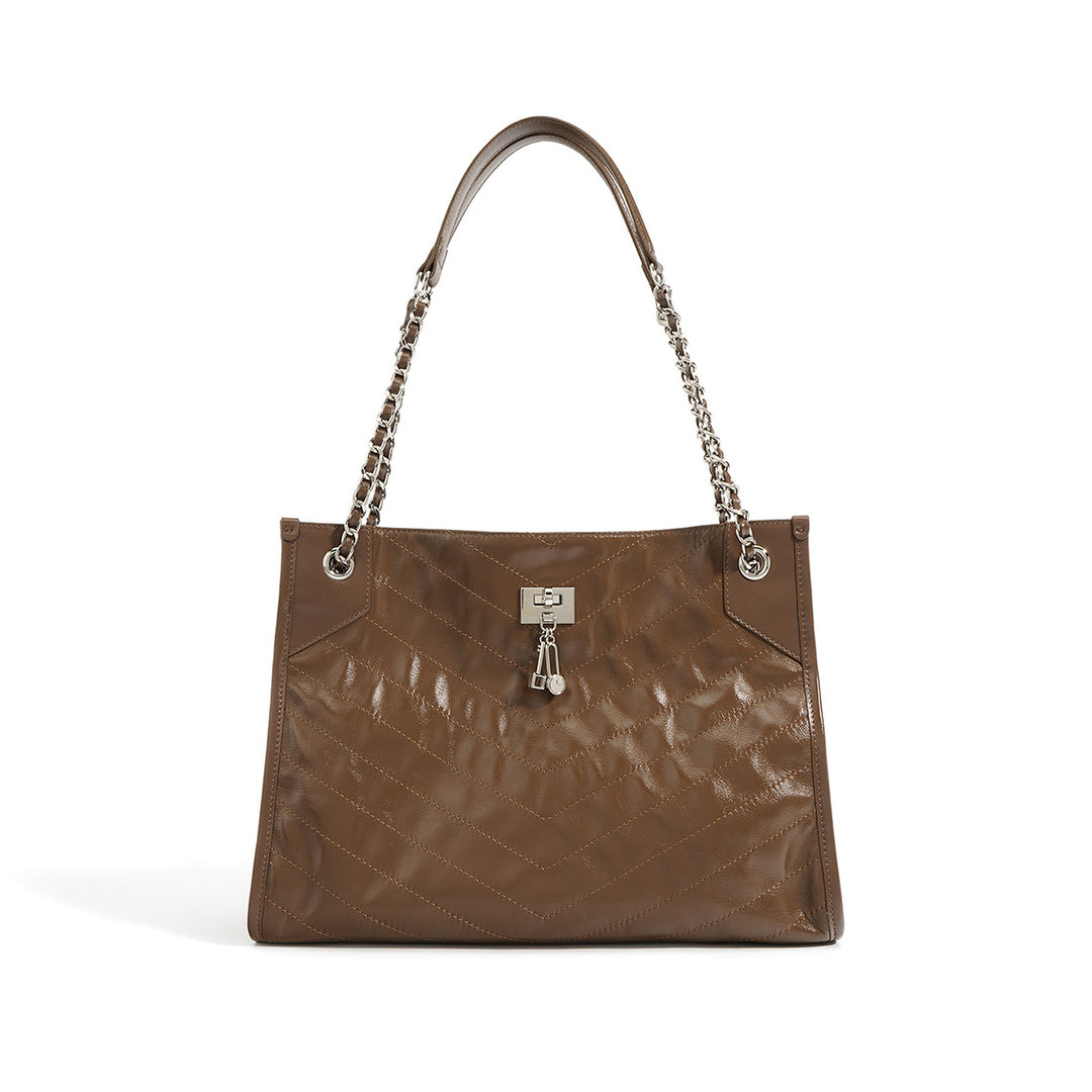 Top Grain Leather Quilted Chain Tote Bag