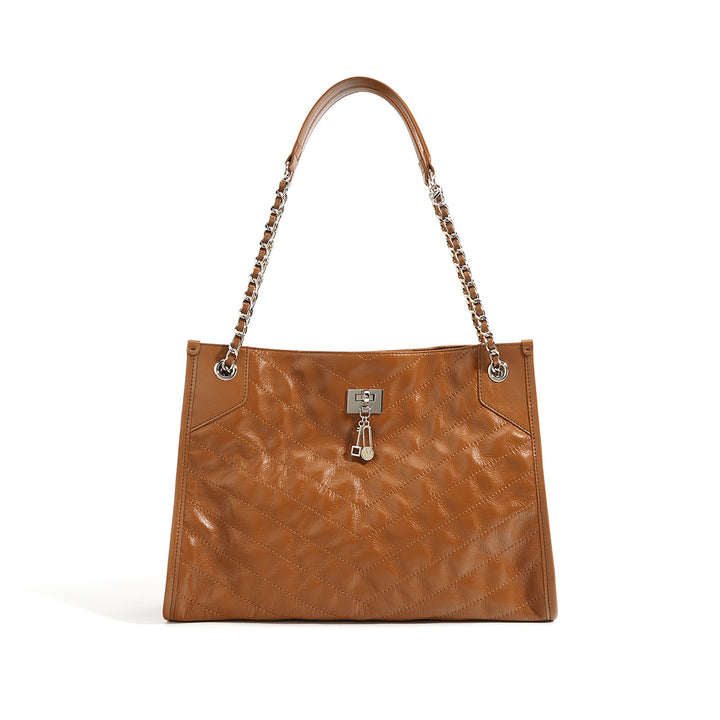 Top Grain Leather Quilted Chain Tote Bag