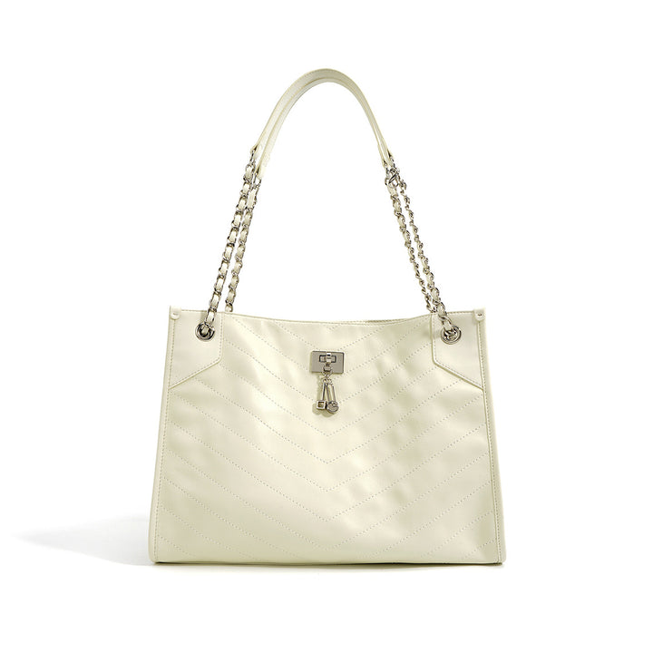 Top Grain Leather Quilted Chain Tote Bag