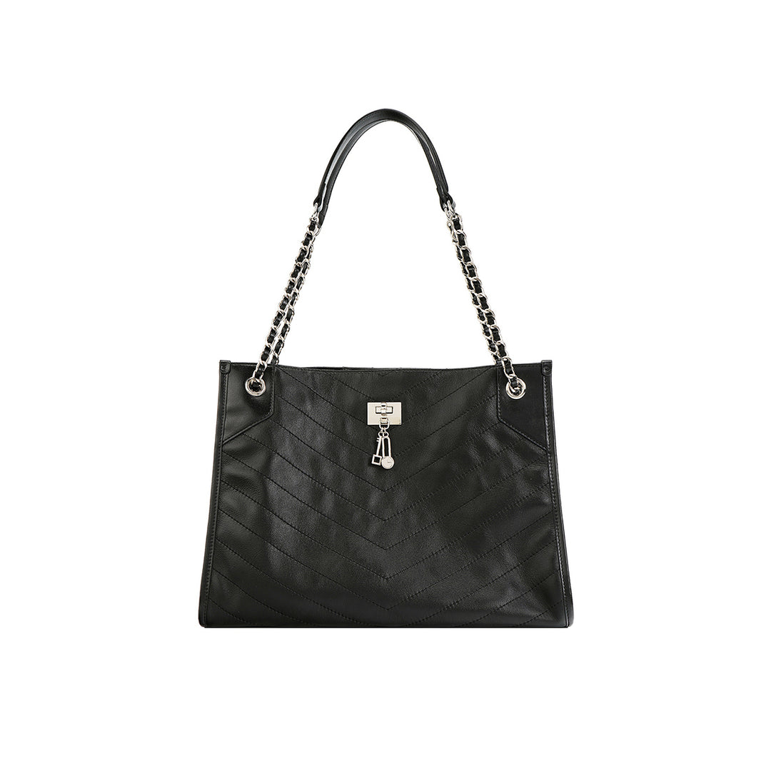 Top Grain Leather Quilted Chain Tote Bag