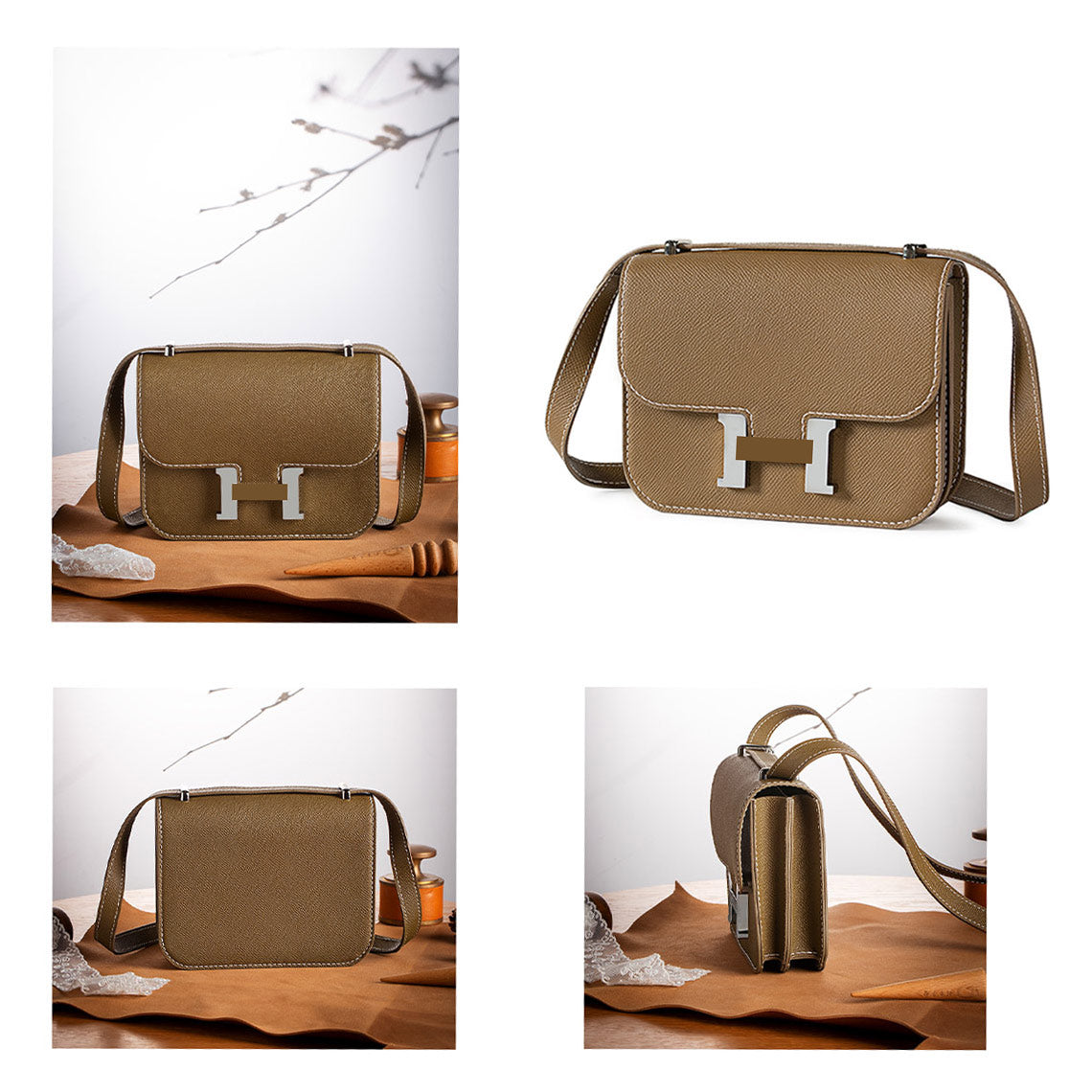 Inspired Constance Bag - Leather Square Tofu Crossbody Bag with silver H buckle