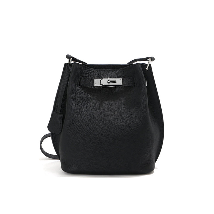 Black leather handbag with silver clasp | Inspired Kelly bucket bag