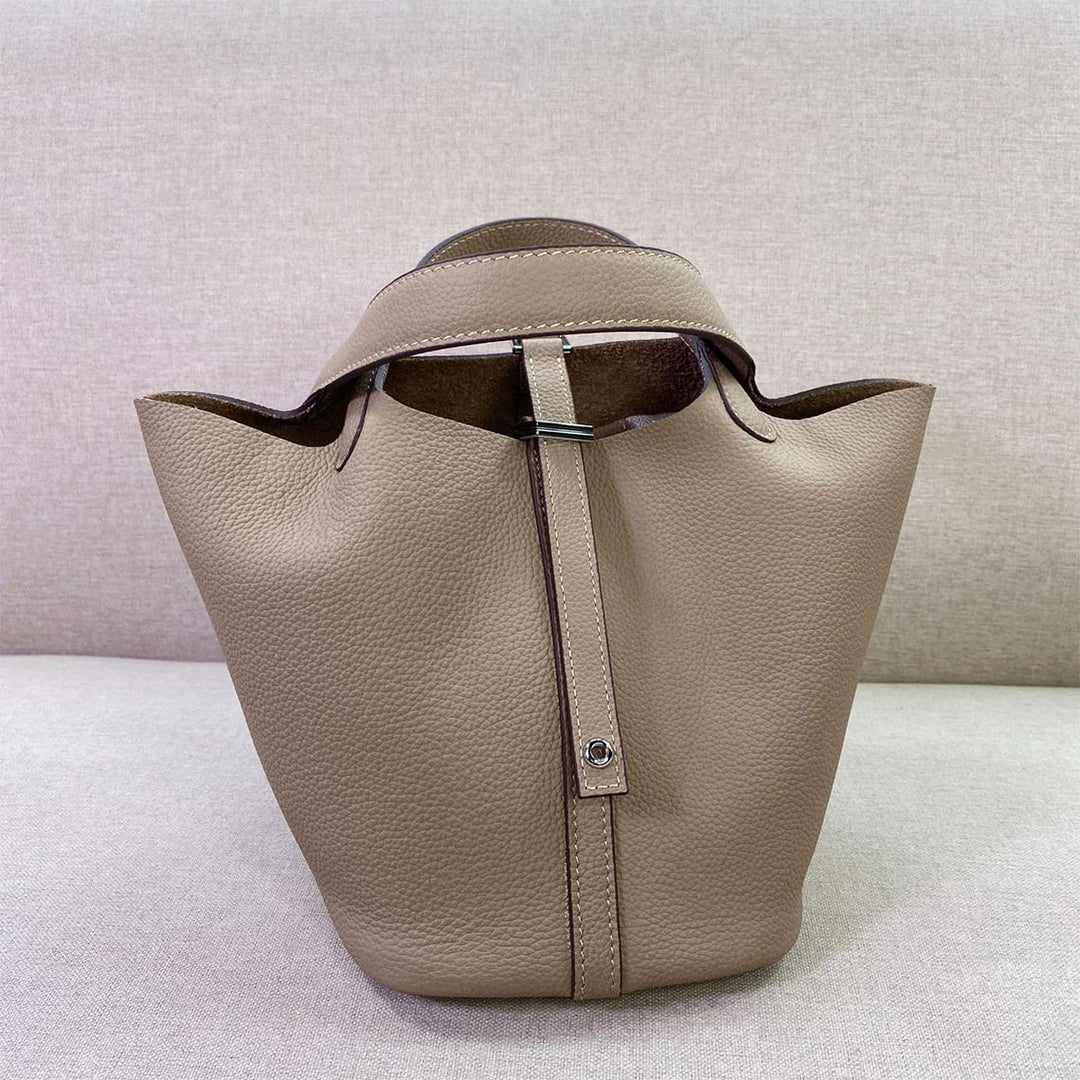 Top Grain Leather Inspired Picotin Lock Bag | Silver/Gold-tone Hardware