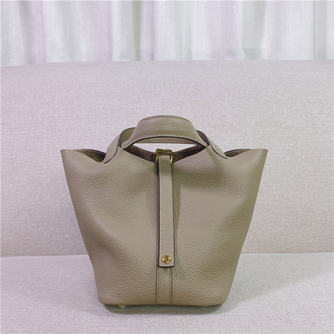 Top Grain Leather Inspired Picotin Lock Bag | Silver/Gold-tone Hardware