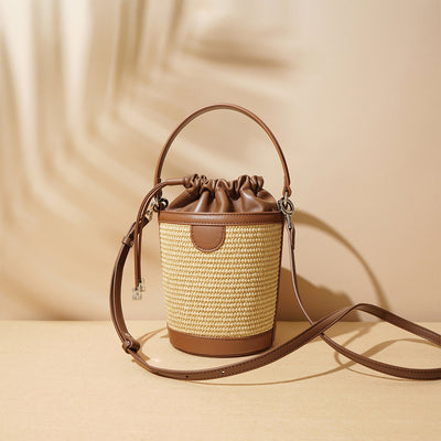 Leather Straw Drawstring Bucket Bag