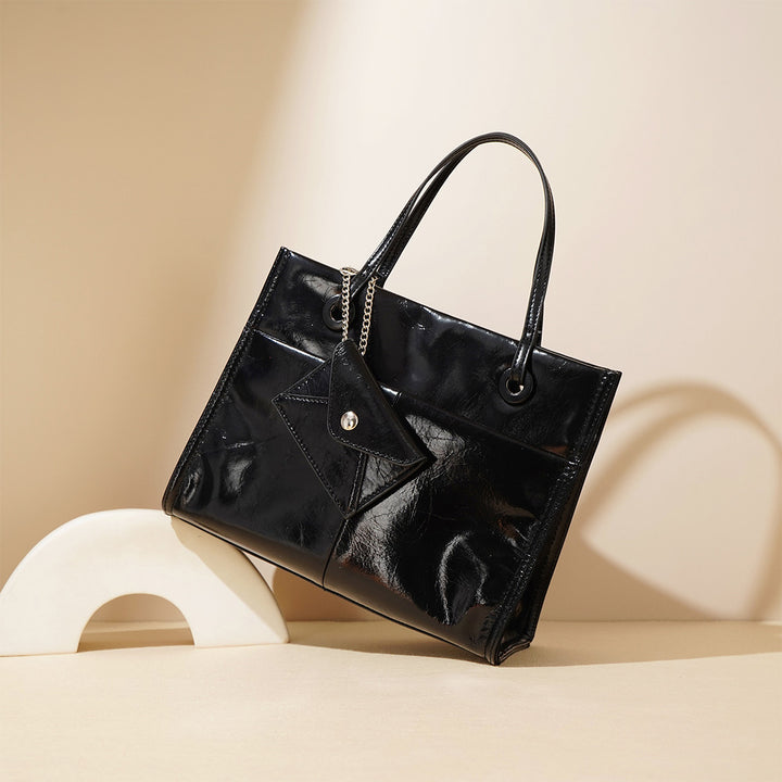 Glossy Black Leather Tote Bag for Women