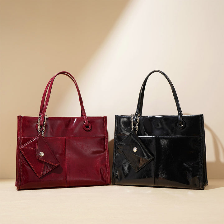 Genuine Leather Small Tote Handbag | Red & Black