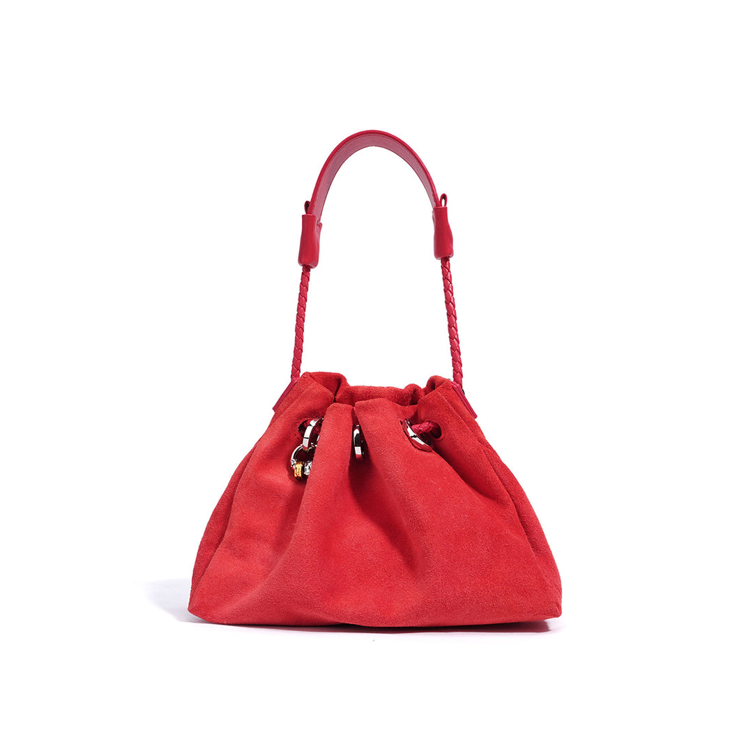 Red Suede Leather Drawstring Shoulder Bag for Women