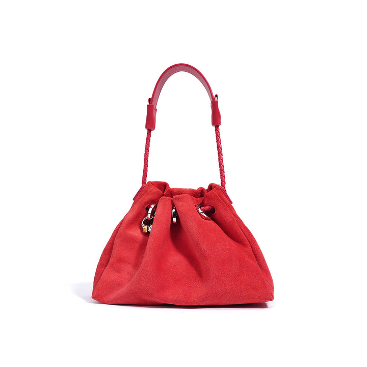 Red Suede Leather Drawstring Shoulder Bag for Women