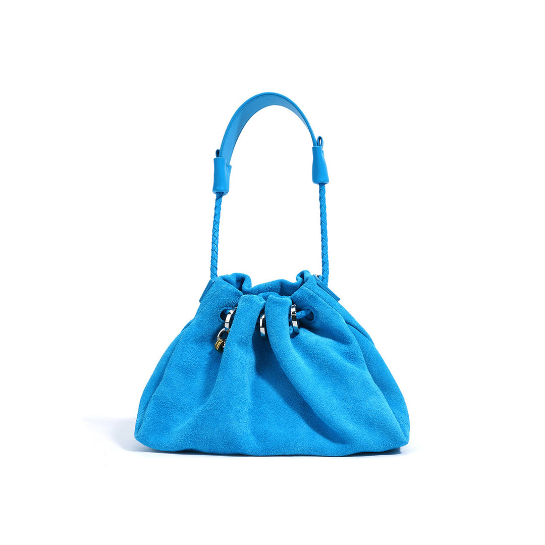 Blue Suede Leather Drawstring Shoulder Bag for Women