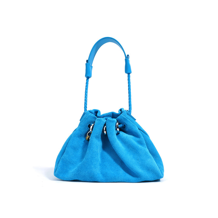 Blue Suede Leather Drawstring Shoulder Bag for Women
