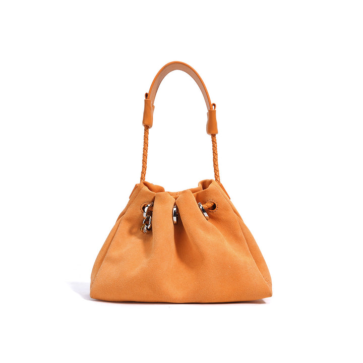 Orange Suede Leather Drawstring Shoulder Bag for Women