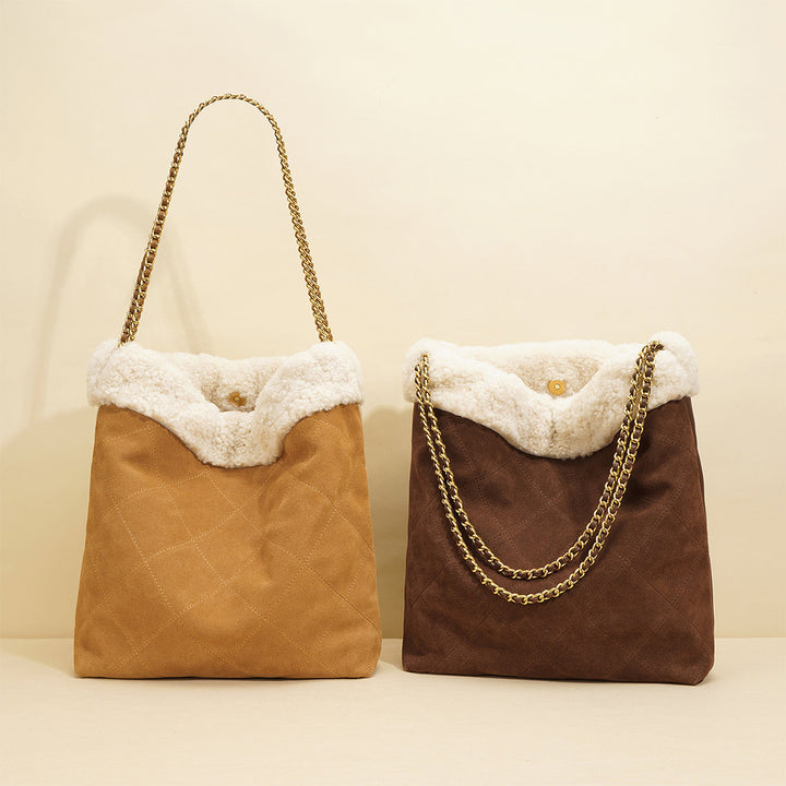 Suede Leather Winter Quilted Chain Totes