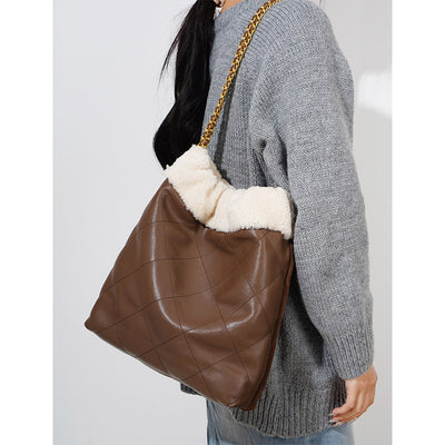 Suede Leather Winter Quilted Chain Totes