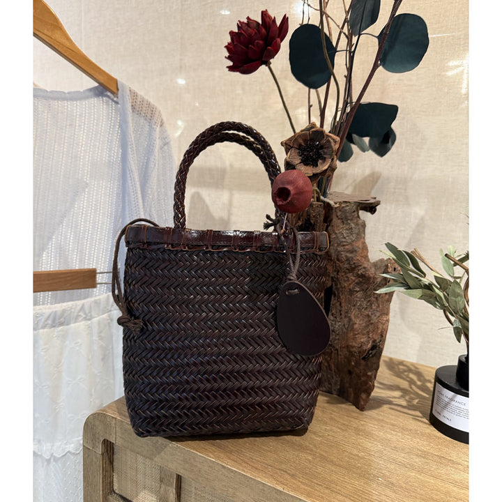 Vegetable Tanned Leather Vintage Woven Tote Bag