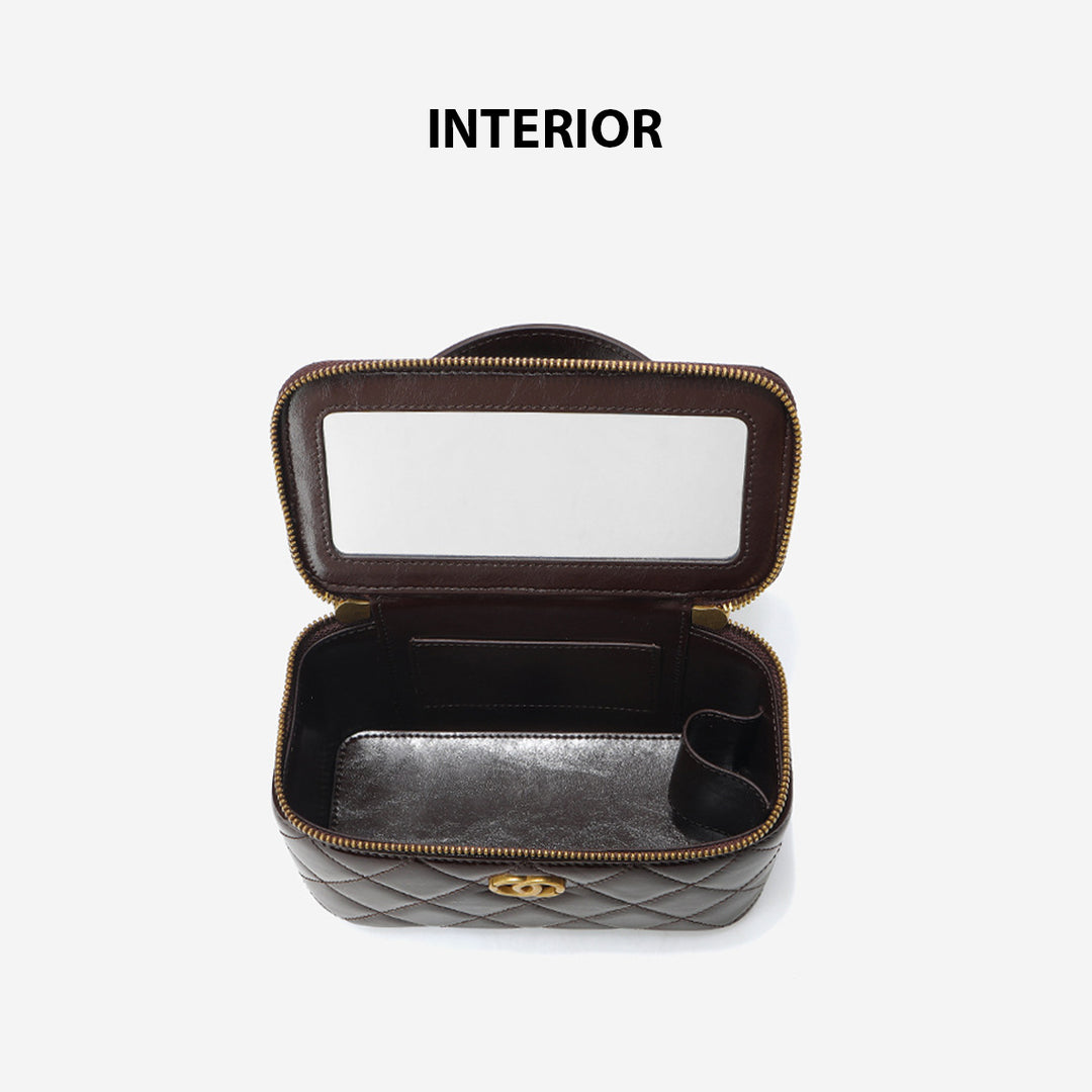 Top Grain Leather Quilted Vanity Box Bag
