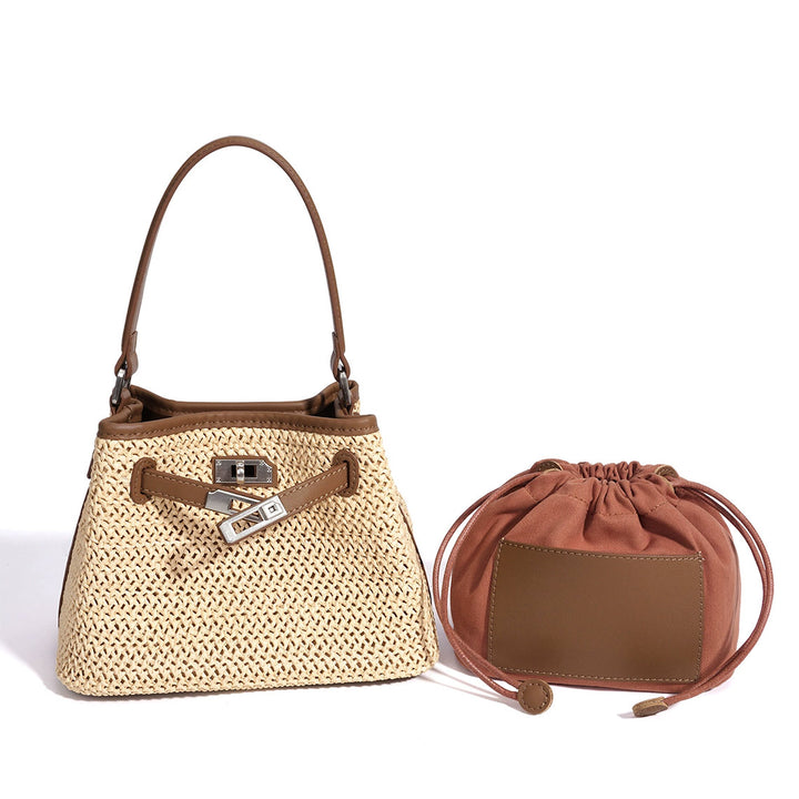 Leather Straw Summer Bucket Bag