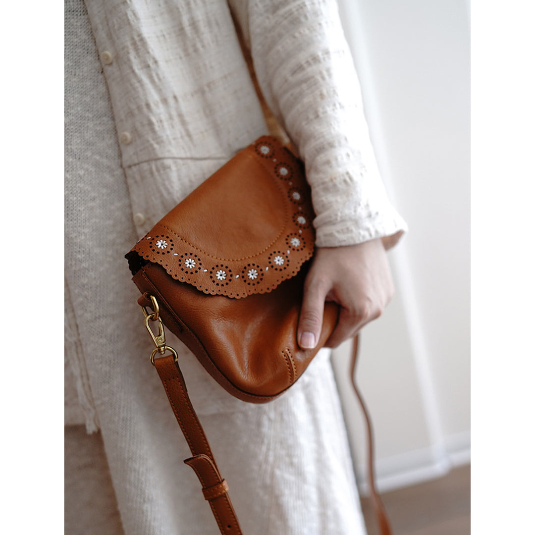 Vegetable Tanned Leather French Flower Crossbody Bag