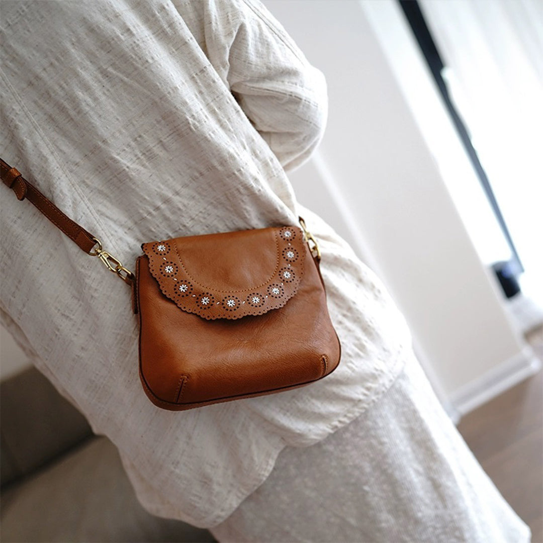 Vegetable Tanned Leather French Flower Crossbody Bag