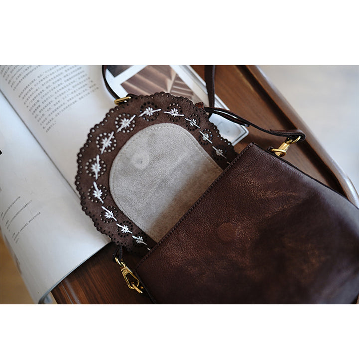 Vegetable Tanned Leather French Flower Crossbody Bag