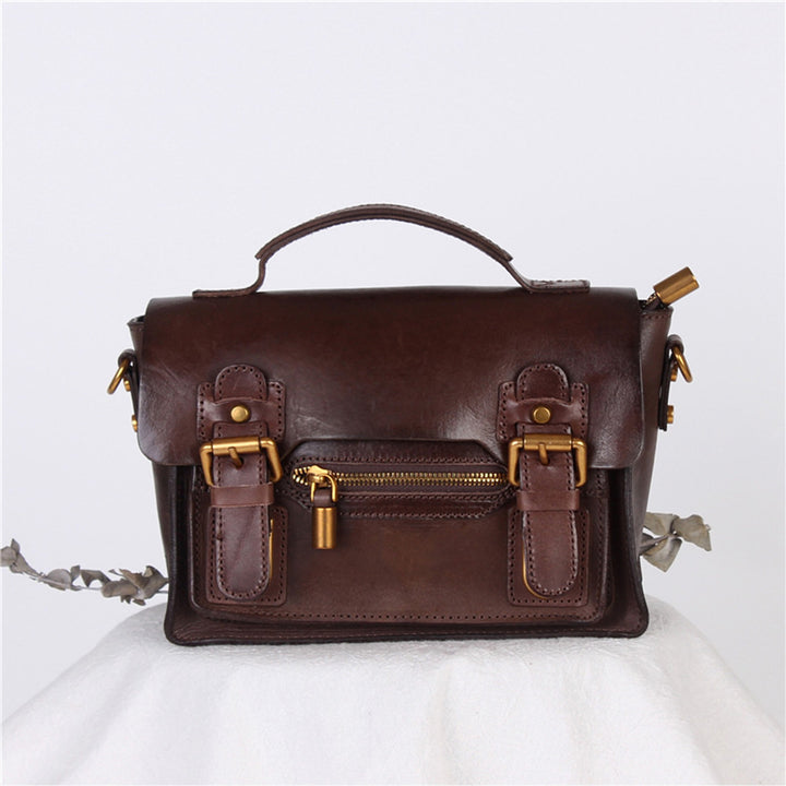 Dark brown leather satchel with gold hardware | Real leather handbag crossbody bag