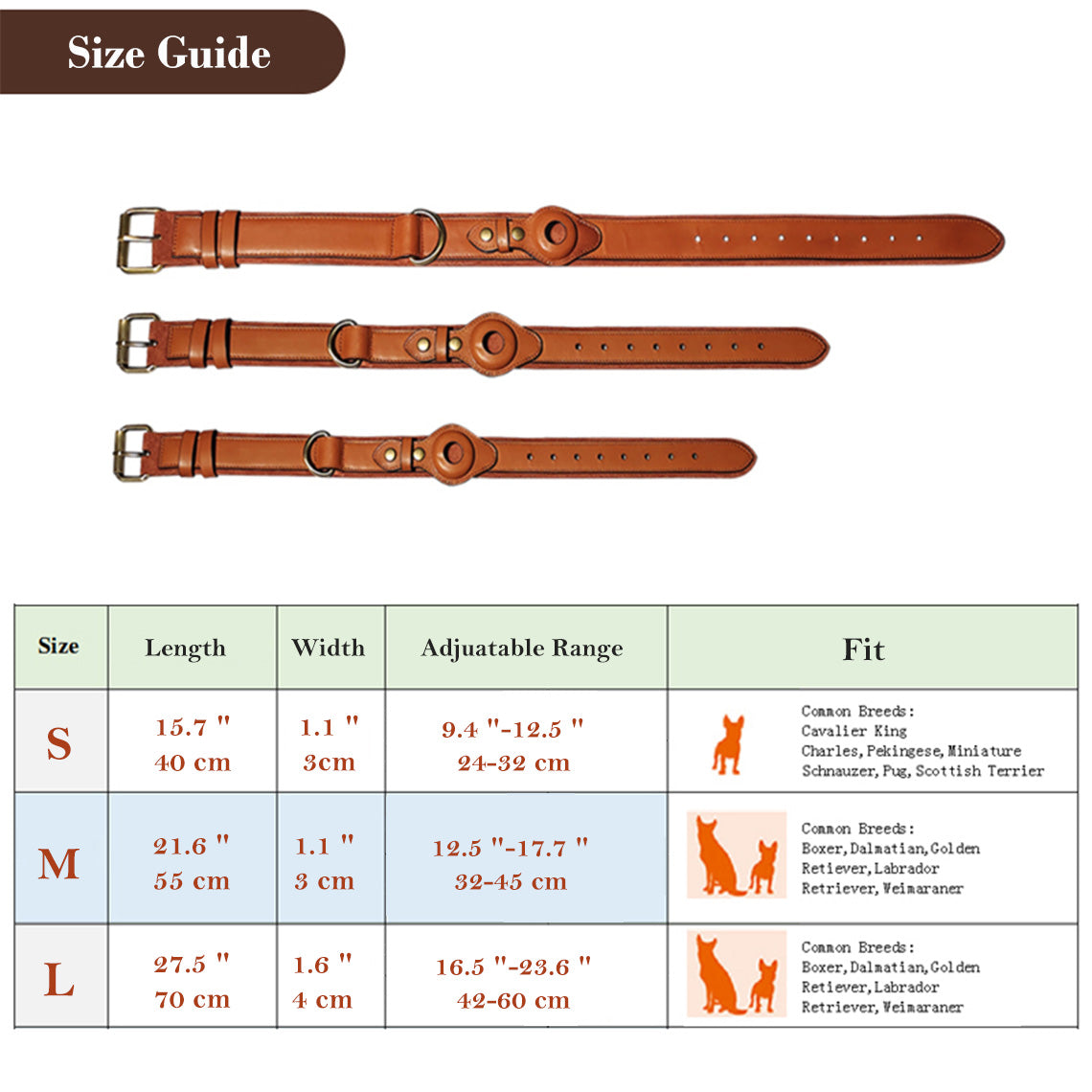 Genuine Leather Dog Collar with Airtag Case | S/Medium/Large dog collar Size Chart
