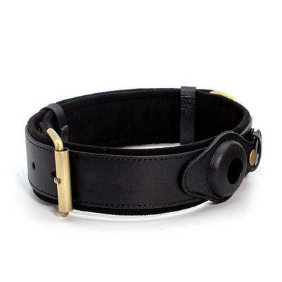 Black Genuine Leather Double Loops Dog Collar with Airtag Case