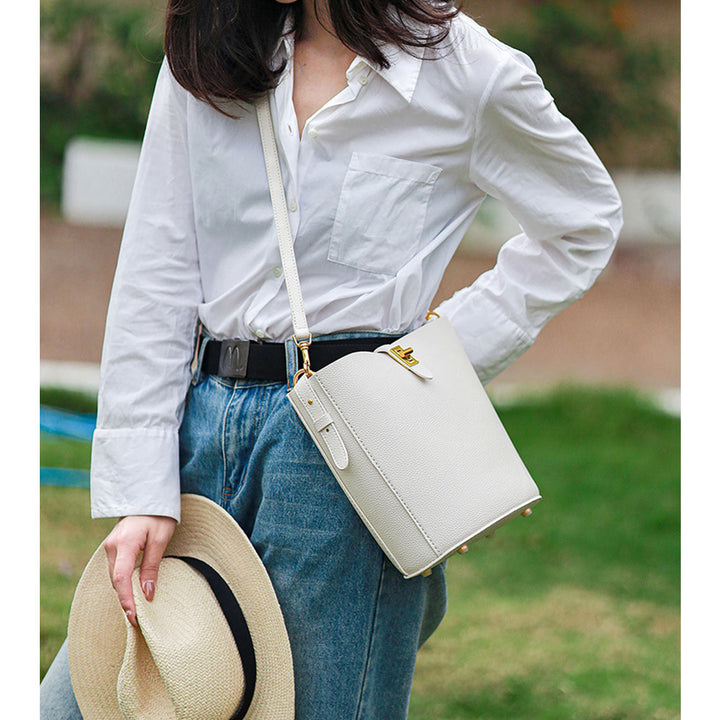 Handmade Large White Bucket Tote Bag with Crossbody Strap - POPSEWING™