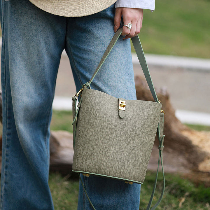 Handsewn Large Green Bucket Tote Bag with Crossbody Strap - POPSEWING®