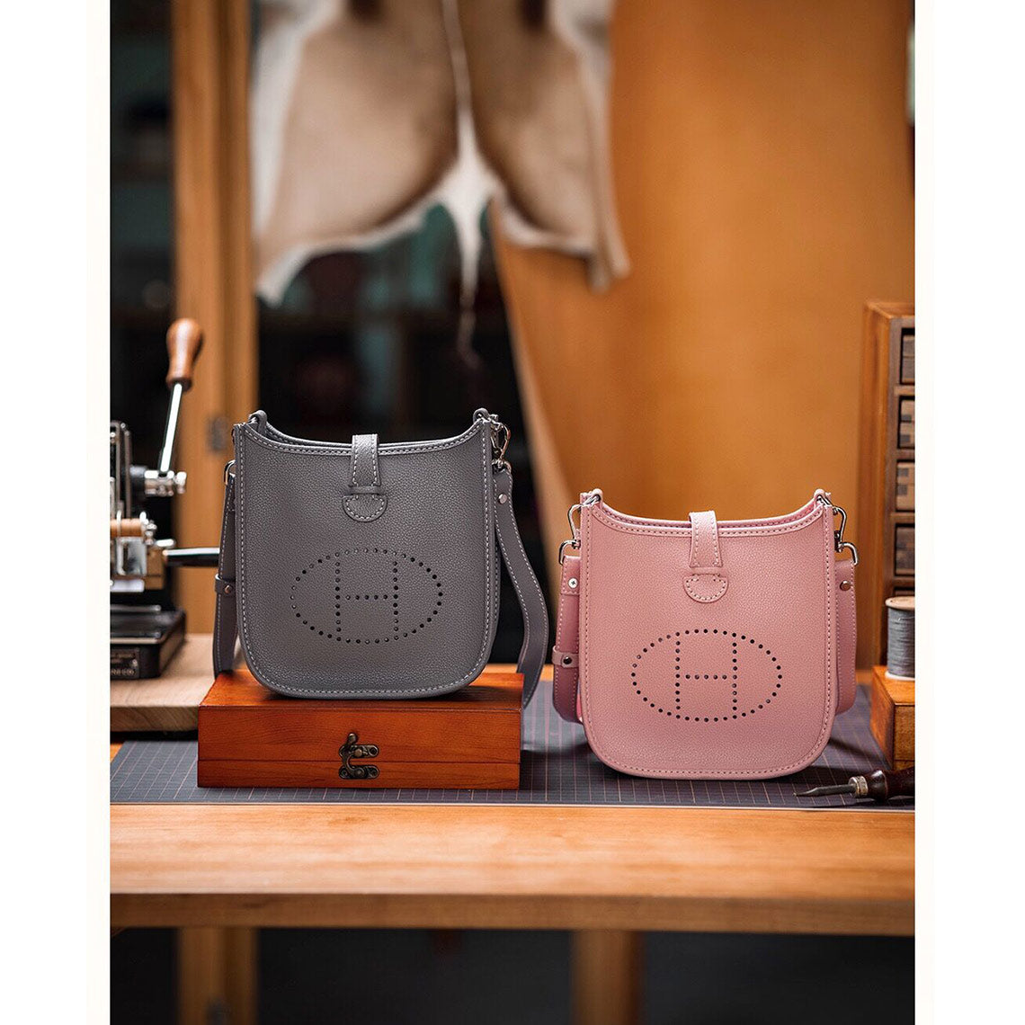 Inspired Mini Evelyne Bag in Pink and Grey | DIY Evelyne Leather Bag Kits Handmade - POPSEWING™