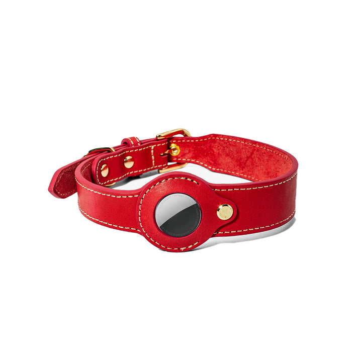 Genuine Leather Red Dog Collar with Airtag Case | Custom Made Dog Collar