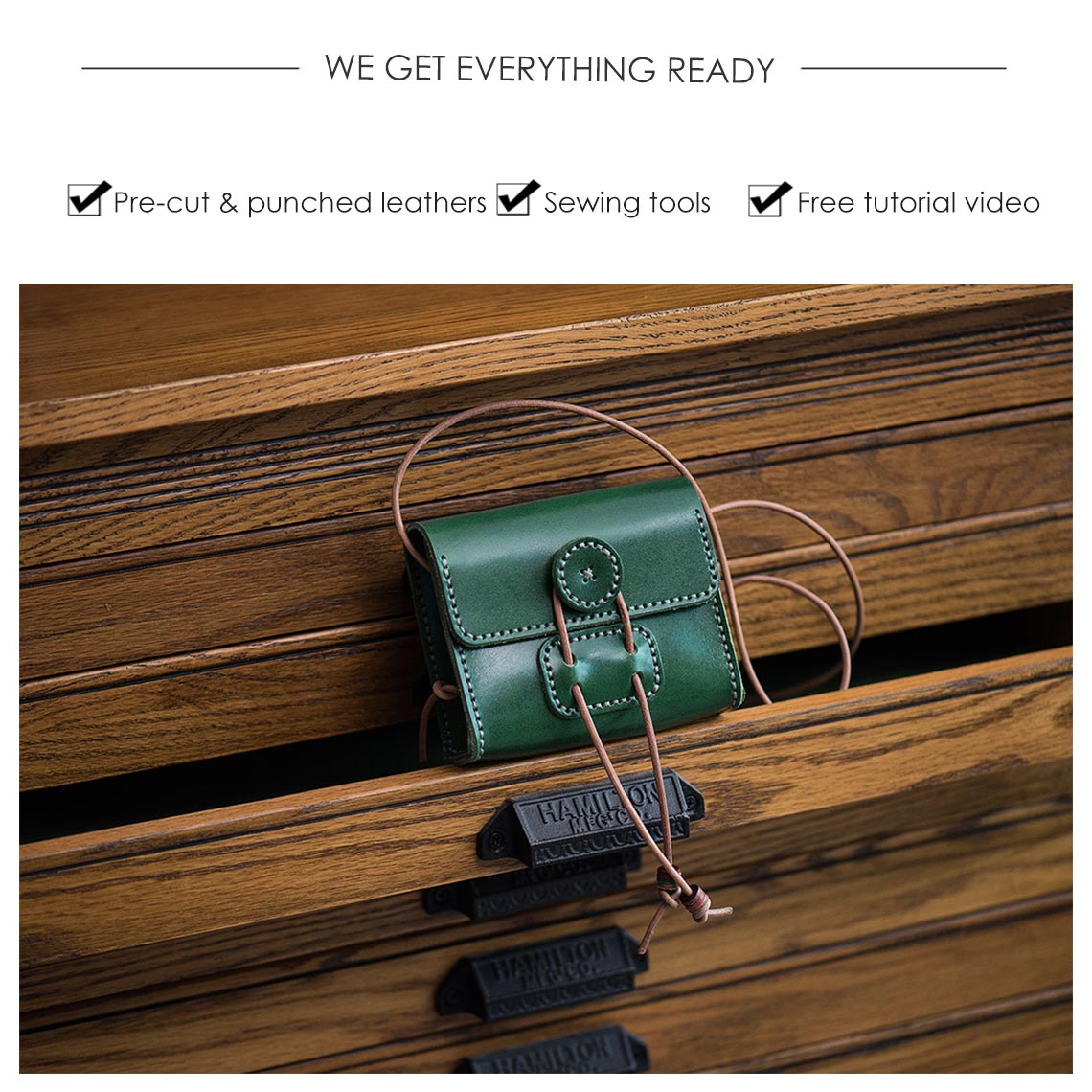 DIY Bag Kits | Genuine Leather Small Square Bag in Green - POPSEWING™