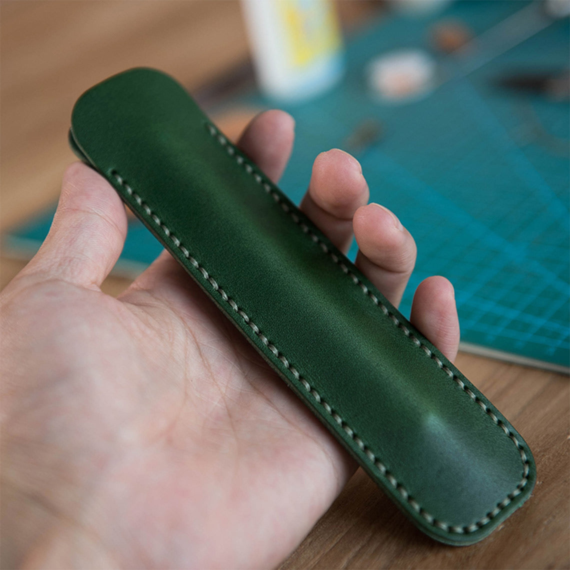 Dark Green Leather Single Pen Sleeve | Vintage Handmade Pen Case - POPSEWING™