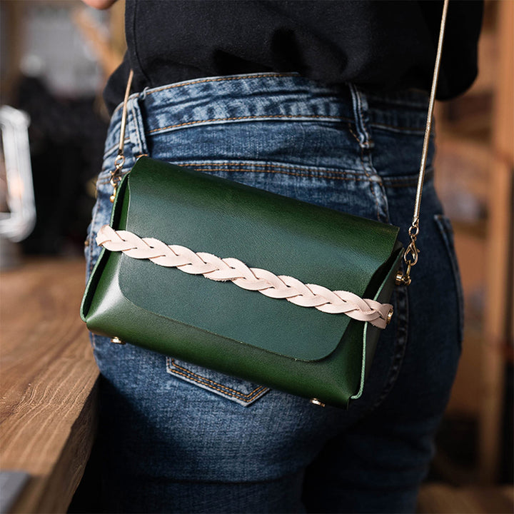 Square leather bag | Green leather crossbody bag | Handmade gift ideas